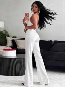 BamGleam Women's Solid Color Halter Top And High-Waisted Leggings Casual Daily Sports Set - White - View 2
