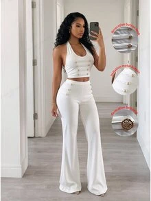 BamGleam Women's Solid Color Halter Top And High-Waisted Leggings Casual Daily Sports Set - White - View 1