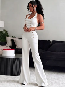BamGleam Women's Solid Color Halter Top And High-Waisted Leggings Casual Daily Sports Set - White - View 6