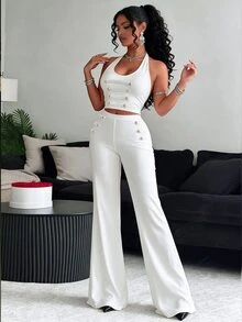 BamGleam Women's Solid Color Halter Top And High-Waisted Leggings Casual Daily Sports Set - White - View 5