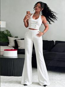 BamGleam Women's Solid Color Halter Top And High-Waisted Leggings Casual Daily Sports Set - White - View 7