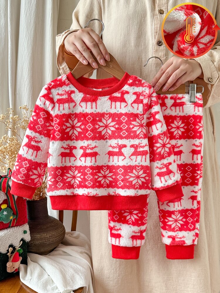 SHEIN Baby Boy Winter Plush Round Neck Red Deer Long Sleeve Top With Matching Pants, Soft And Comfortable Fabric, Simple Design Suitable For Indoor, Outdoor, And Event Wear - Red - View 5