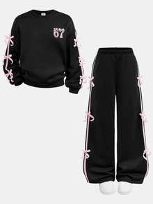 SHEIN 兒童青少年女孩秋冬黑色休閒 67 印花粉色蝴蝶結裝飾針織素色寬鬆落肩長袖衛衣與百褶寬腿運動褲套裝 - 黑色 - 查看 6