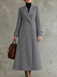 LUMIGAL Women's Elegant Gray Floral Lapel Double-Breasted Silhouette Overcoat - Grey - View 4