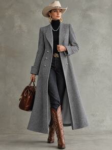 LUMIGAL Women's Elegant Gray Floral Lapel Double-Breasted Silhouette Overcoat - Grey - View 3