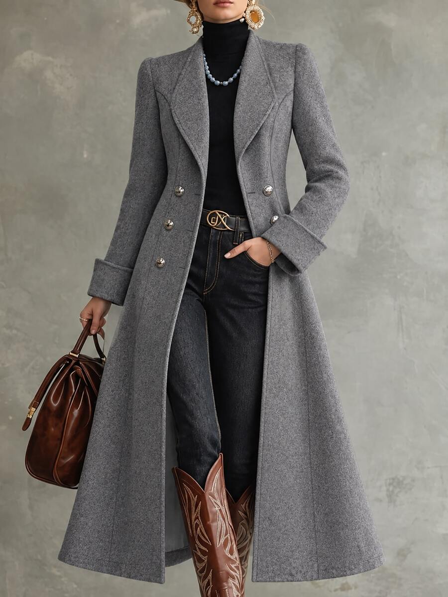 LUMIGAL Women's Elegant Gray Floral Lapel Double-Breasted Silhouette Overcoat - Grey - View 1