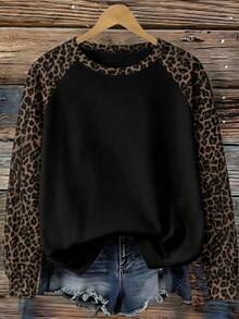 EMERY ROSE Vintage Leopard Print Plus Size Women's Casual Raglan Sleeve Sweatshirt, Thick Material, Suitable For Autumn/Winter - Multicolor - View 8