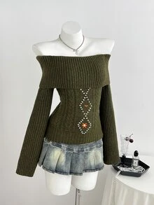 Elamini Women's Autumn/Winter Off-Shoulder Embroidered Cable Design Cable Knit Long Sleeve Vintage Vibe Versatile Sweater - Army Green - View 6