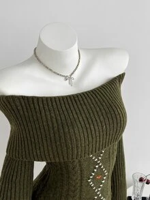 Elamini Women's Autumn/Winter Off-Shoulder Embroidered Cable Design Cable Knit Long Sleeve Vintage Vibe Versatile Sweater - Army Green - View 5