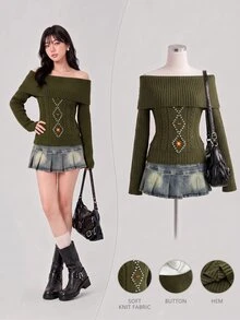 Elamini Women's Autumn/Winter Off-Shoulder Embroidered Cable Design Cable Knit Long Sleeve Vintage Vibe Versatile Sweater - Army Green - View 3