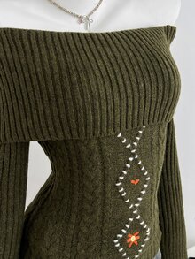 Elamini Women's Autumn/Winter Off-Shoulder Embroidered Cable Design Cable Knit Long Sleeve Vintage Vibe Versatile Sweater - Army Green - View 4