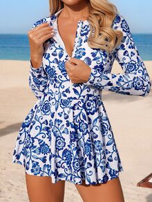 Swim Mulvari Women's BOHO Blue & White Vacation Print Pattern Blue One-Piece Long Sleeve Swimsuit - Multicolor - View 5