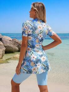 Swim Mulvari 2pcs/Set Spring/Summer New Tropical Plant & Floral Print Tight Drawstring Burkinis Top And Shorts Beach Vacation Casual Swimwear For Women - Multicolor - View 2