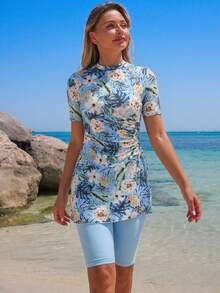 Swim Mulvari 2pcs/Set Spring/Summer New Tropical Plant & Floral Print Tight Drawstring Burkinis Top And Shorts Beach Vacation Casual Swimwear For Women - Multicolor - View 1