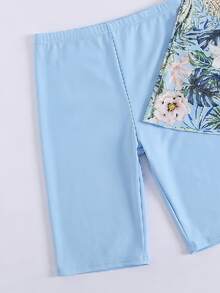 Swim Mulvari 2pcs/Set Spring/Summer New Tropical Plant & Floral Print Tight Drawstring Burkinis Top And Shorts Beach Vacation Casual Swimwear For Women - Multicolor - View 7