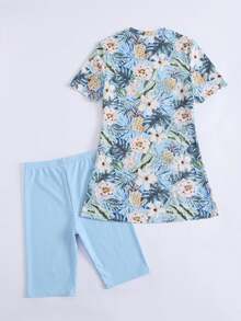 Swim Mulvari 2pcs/Set Spring/Summer New Tropical Plant & Floral Print Tight Drawstring Burkinis Top And Shorts Beach Vacation Casual Swimwear For Women - Multicolor - View 4