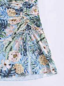 Swim Mulvari 2pcs/Set Spring/Summer New Tropical Plant & Floral Print Tight Drawstring Burkinis Top And Shorts Beach Vacation Casual Swimwear For Women - Multicolor - View 5