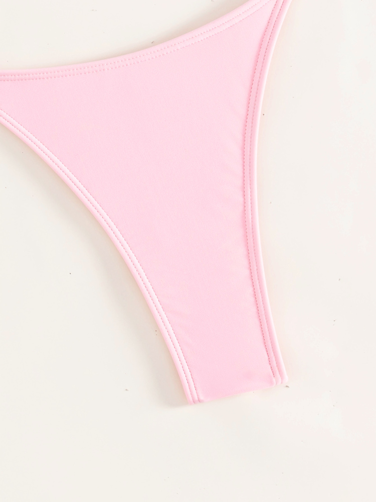 Swim Mod Summer Beach Solid Thong Bikini Bottom - Pink - View 4
