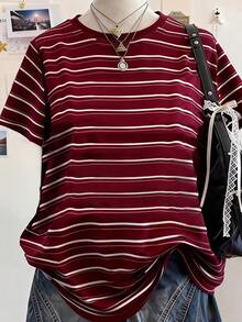 SHEIN Sweetra Young Teen Girls Spring/Summer Casual Comfortable Versatile Striped Short Sleeve T-Shirt, Suitable For Outdoor Activities - Multicolor - View 4