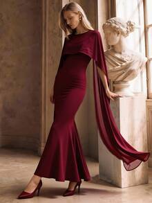 Anewsta Elegant Luxury Minimalist High-End Burgundy Cape Dress - Burgundy - View 7