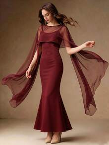Anewsta Elegant Luxury Minimalist High-End Burgundy Cape Dress - Burgundy - View 3