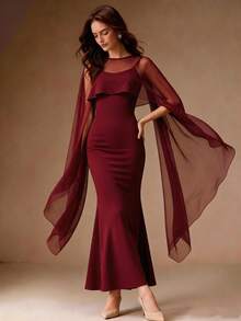 Anewsta Elegant Luxury Minimalist High-End Burgundy Cape Dress - Burgundy - View 4