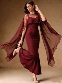 Anewsta Elegant Luxury Minimalist High-End Burgundy Cape Dress - Burgundy - View 5