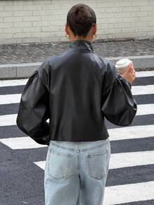 Muchica Women's Street Fashion Button Pocket PU Material Jacket  For Going Out, Streetwear, Y2K,Fall Winter 2026 - Black - View 2