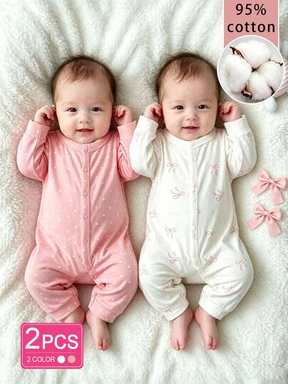 SHEIN Newborn Girl 2 Pieces Outfit Set, Spring/Autumn Comfortable Sweet Cute Knitted Cotton Bow Pattern Long Sleeve Romper, Suitable For Any Occasion, Cotton Baby Clothes
