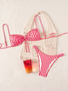 SHEIN Swim 春夏波點印花比基尼女款海灘度假泳衣 性感雙肩帶泳衣 - 紅色 - 查看 3