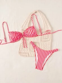 SHEIN Swim 春夏波點印花比基尼女款海灘度假泳衣 性感雙肩帶泳衣 - 紅色 - 查看 6