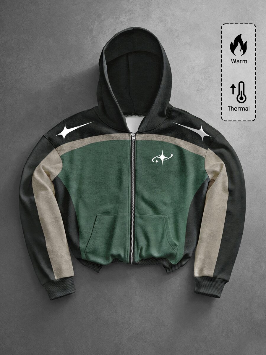 ROMWE MEN Street Life Fashion Men's Colorblock Sports Zip-Up Hooded Printed Sweatshirt - Multicolor - View 1