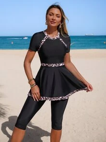 SHEIN Swim 2pcs Women's Black & Leopard Print Beach Burkini Set, Summer Holiday Surfing - Multicolor - View 3