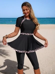SHEIN Swim 2pcs Women's Black & Leopard Print Beach Burkini Set, Summer Holiday Surfing - Multicolor - View 1