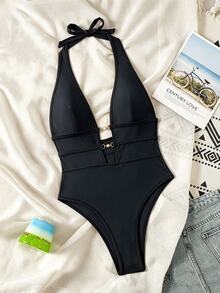 Swim Chiccia Baju Renang Terusan Seksi Model Leher V Tanpa Punggung untuk Wanita, Warna Hitam, Gaya Boho Festival - Hitam - View 4