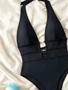 Swim Chiccia Baju Renang Terusan Seksi Model Leher V Tanpa Punggung untuk Wanita, Warna Hitam, Gaya Boho Festival - Hitam - View 3