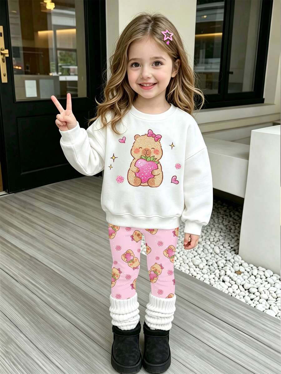 SHEIN Elladie kids 女童 1 套動物草莓印花圓領運動衫與內搭褲，愛心星星花卉圖案甜美秋季套裝，白色粉色
