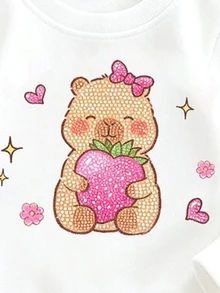 SHEIN Elladie kids 女童 1 套動物草莓印花圓領運動衫與內搭褲，愛心星星花卉圖案甜美秋季套裝，白色粉色 - 彩色 - 查看 9