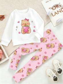 SHEIN Elladie kids 女童 1 套動物草莓印花圓領運動衫與內搭褲，愛心星星花卉圖案甜美秋季套裝，白色粉色 - 彩色 - 查看 7