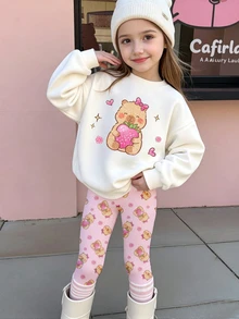 SHEIN Elladie kids 女童 1 套動物草莓印花圓領運動衫與內搭褲，愛心星星花卉圖案甜美秋季套裝，白色粉色 - 彩色 - 查看 6