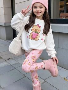 SHEIN Elladie kids 女童 1 套動物草莓印花圓領運動衫與內搭褲，愛心星星花卉圖案甜美秋季套裝，白色粉色 - 彩色 - 查看 5