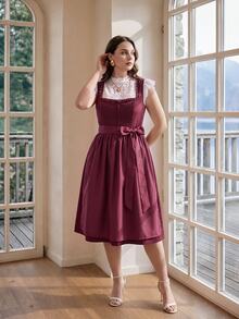 Fairmaia German Traditional Plus Size Women's Waist Tie Casual Daily Summer Dress - Burgundy - View 5