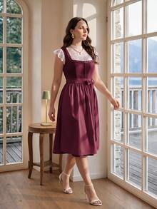 Fairmaia German Traditional Plus Size Women's Waist Tie Casual Daily Summer Dress - Burgundy - View 3