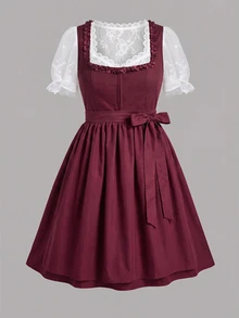 Fairmaia German Traditional Plus Size Women's Waist Tie Casual Daily Summer Dress - Burgundy - View 6