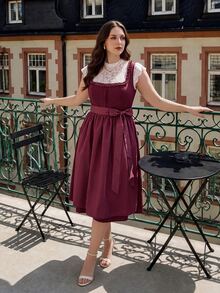 Fairmaia German Traditional Plus Size Women's Waist Tie Casual Daily Summer Dress - Burgundy - View 11