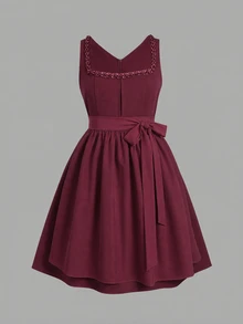 Fairmaia German Traditional Plus Size Women's Waist Tie Casual Daily Summer Dress - Burgundy - View 7