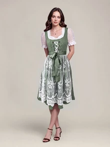Fairmaia Traditional German Women's Contrast Lace Tie-Up Dress - Green - View 3