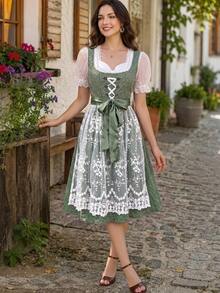 Fairmaia Traditional German Women's Contrast Lace Tie-Up Dress - Green - View 9