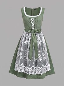 Fairmaia Traditional German Women's Contrast Lace Tie-Up Dress - Green - View 8