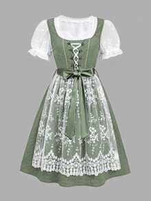 Fairmaia Traditional German Women's Contrast Lace Tie-Up Dress - Green - View 6